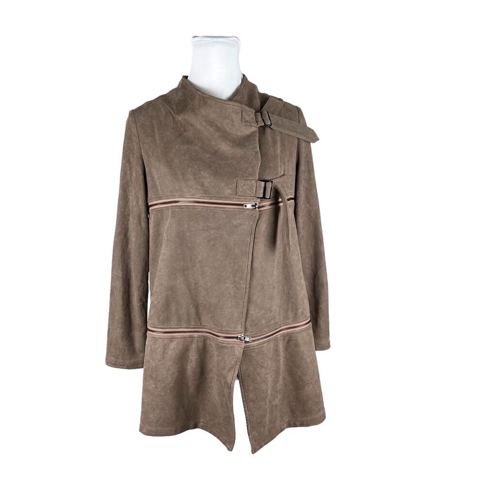 Size M Brown Asymmetric Zipper Ultra Suede Tiered Draped Hip Length Jacket